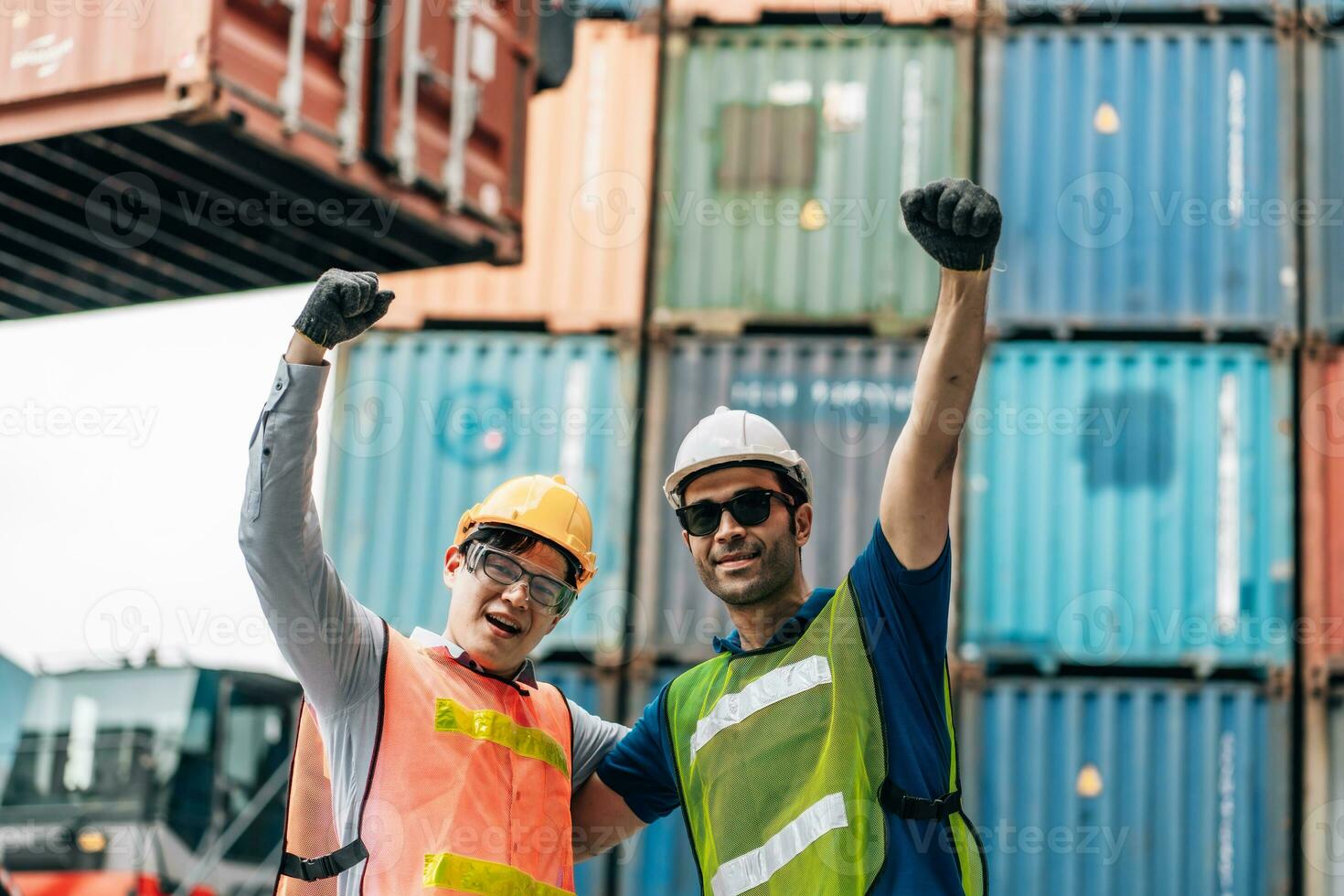 Teamwork and team spirit worker happy together corporate trust concept.industry celebrate reward success good teamwork result in factory photo
