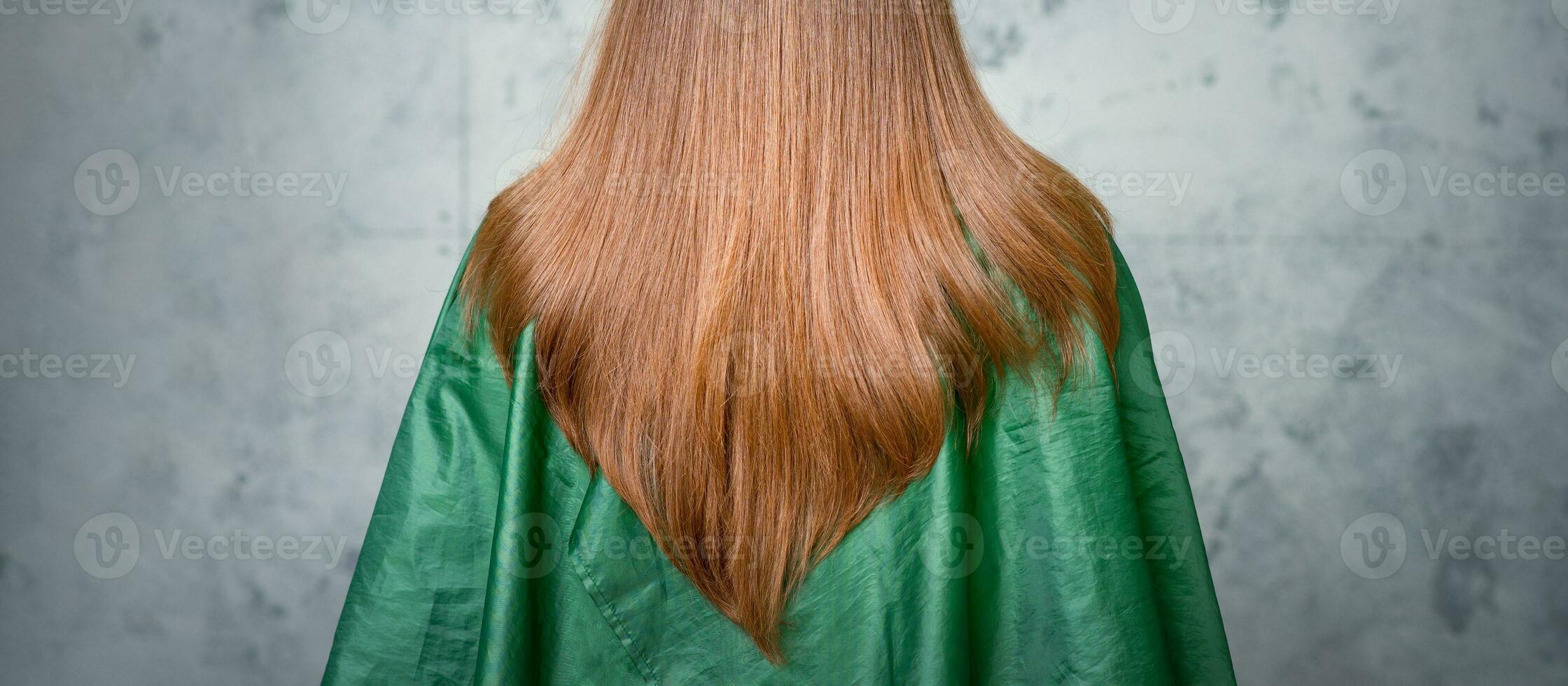 Rear View of a woman with long brown hair against a gray background. photo