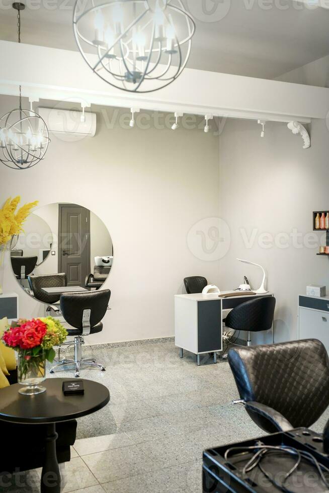 Interior of modern bright hair salon, manicure salon, or beauty salon. photo