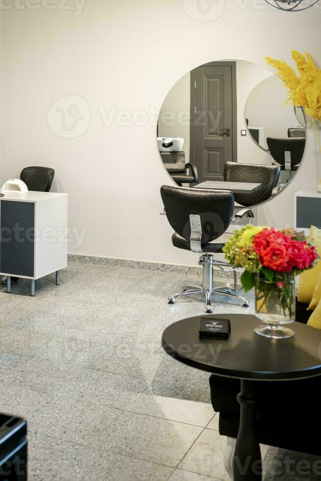 Interior of modern bright hair salon, manicure salon, or beauty salon. photo