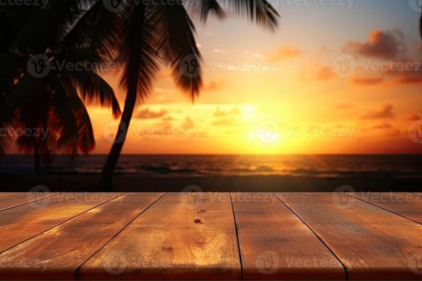 Empty wooden table top product display showcase stage. Tropical summer sunset beach bar background. photo