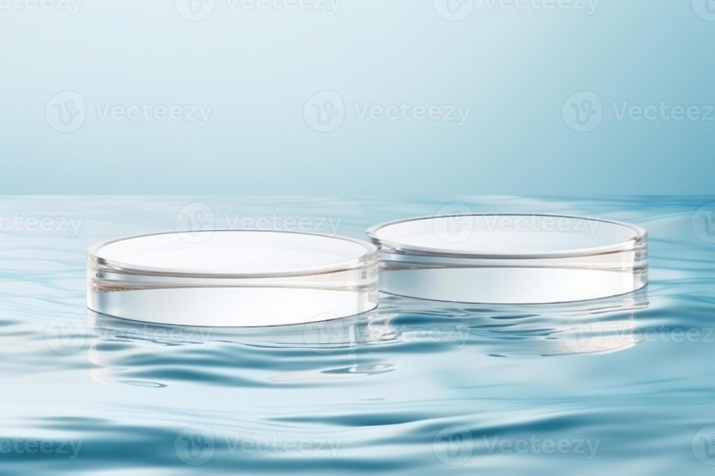 Two empty clear white circle podiums on transparent calm water texture. Abstract background for product presentation. photo