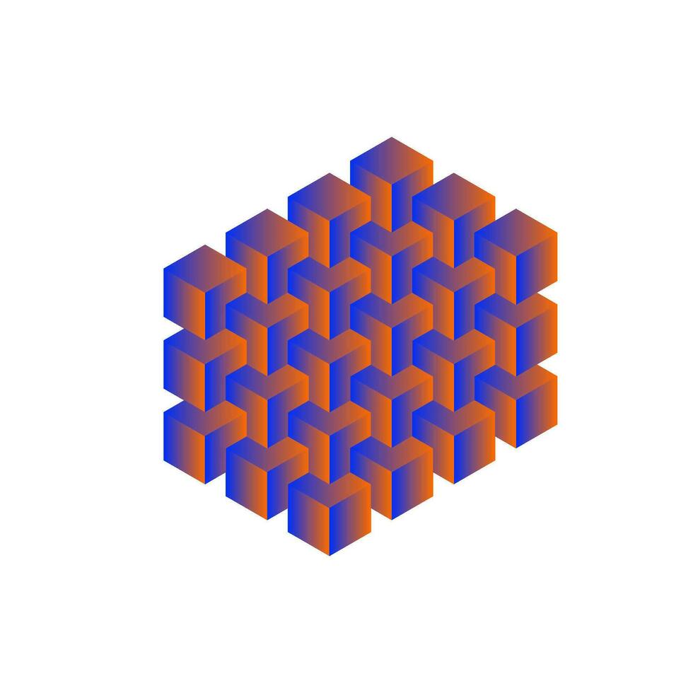 3d orange and blue gradient cube boxes stack. Isometric cubic blocks structure vector illustration. Polygonal geometric stacks puzzle design.