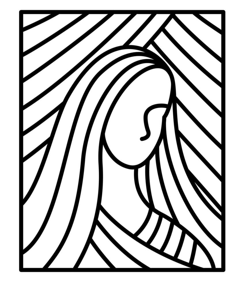 Vector illustration of woman portrait black line and white background in frame. hand drawing line art . Beautiful woman long hair with pattern background and detail.