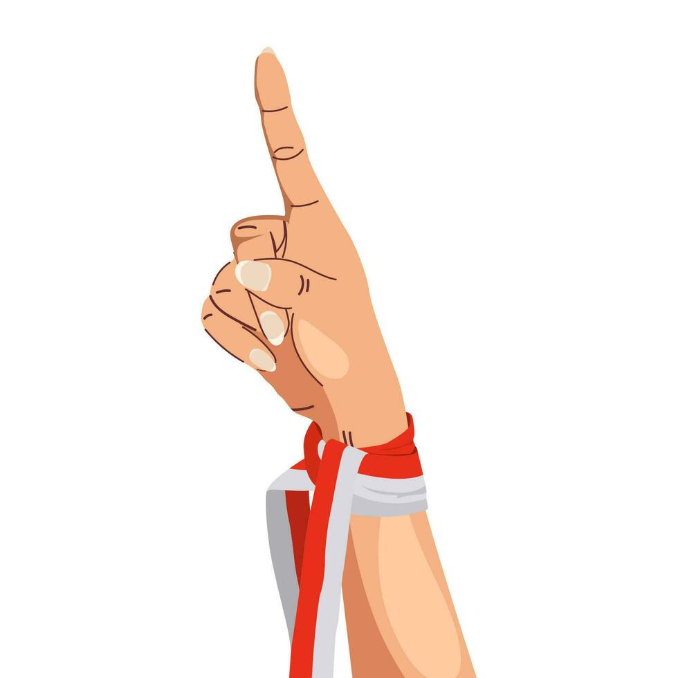 hands gesturing pointing on something wearing Indonesian red and white ribbon. Indonesia's independence 17 agustus 1945 vector