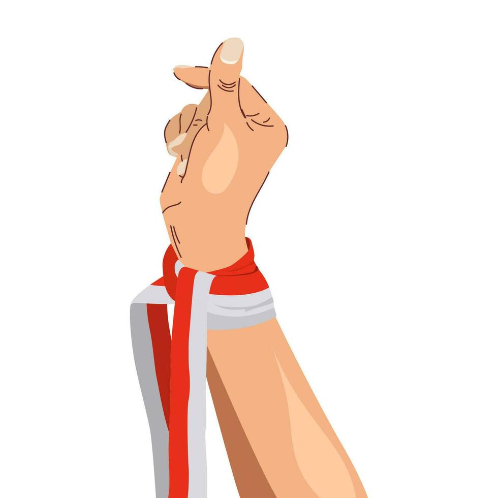 hands gesturing love sign wearing Indonesian red and white ribbon. Indonesia's independence 17 agustus 1945 vector