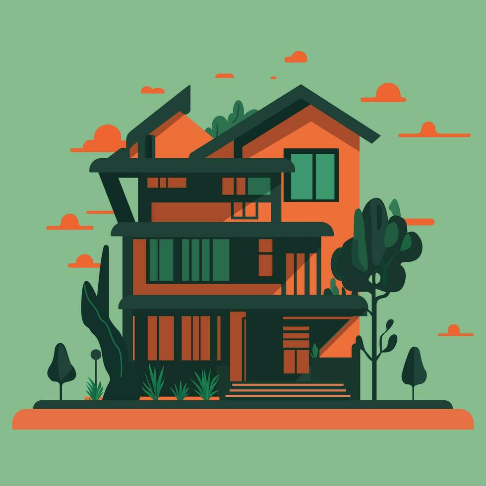 Modern house clip art with surrounding trees used for decoration. vector