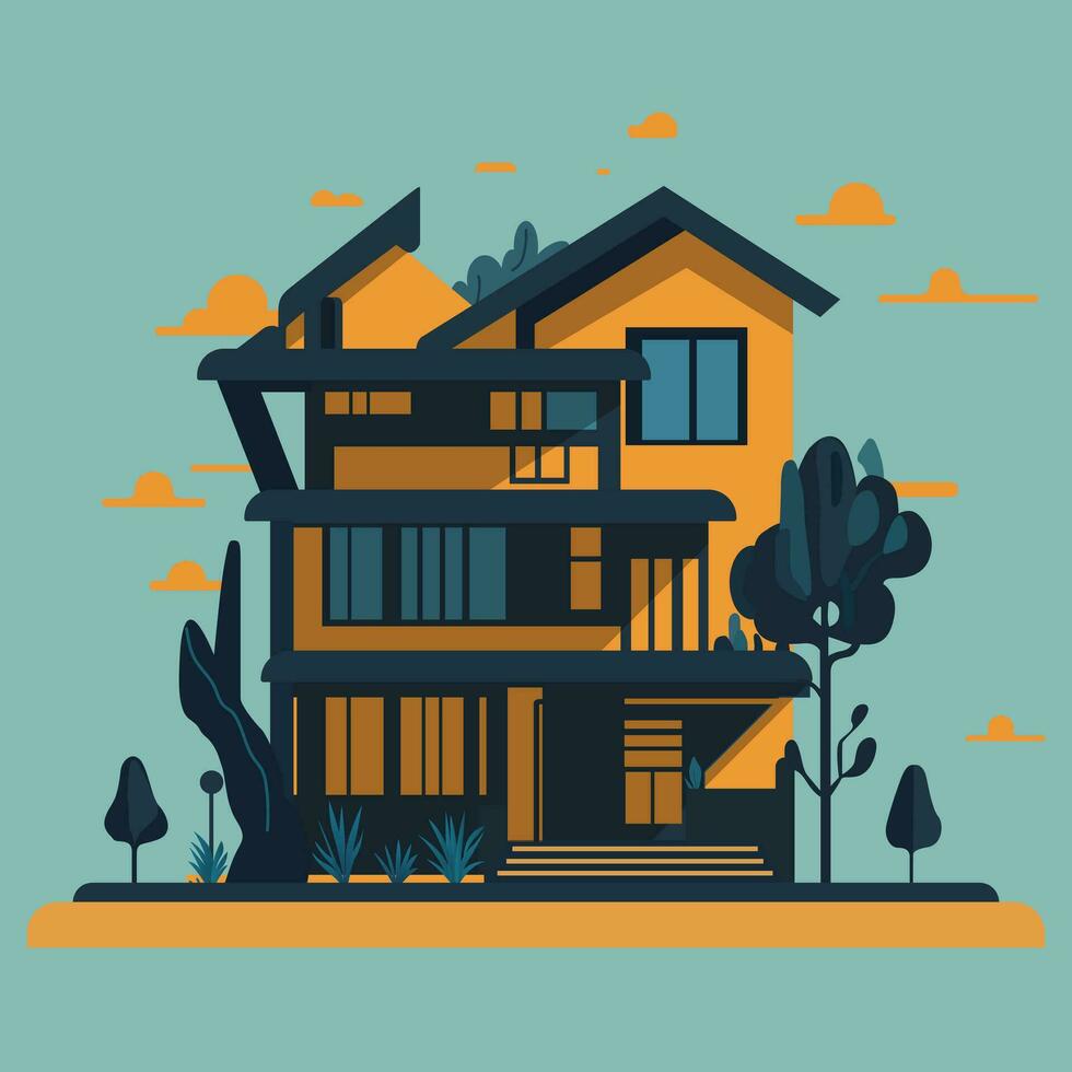 Modern house clip art with surrounding trees used for decoration. vector