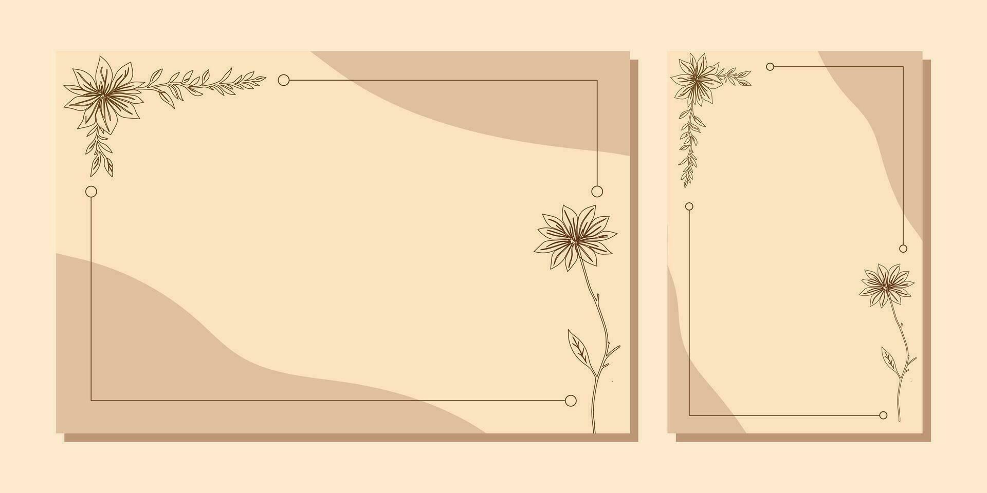 Elegant frames with hand drawn flowers and leaves, design templates in line style. Vector backgrounds for wedding invitations, greeting cards, social media stories, label, corporate identity