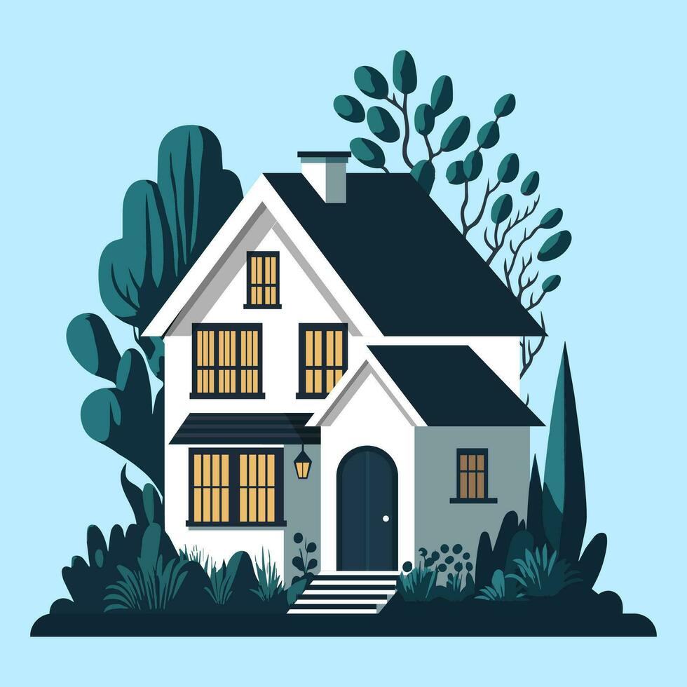 Modern house clip art with surrounding trees used for decoration. vector