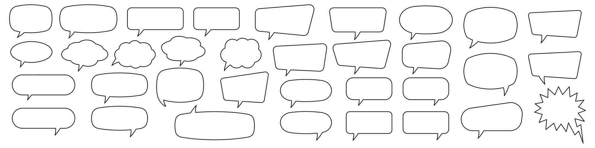 Speech bubbles set of outlined circle, distorted rectangle and square blank. Trendy line shapes, speech balloon, chat bubble on white background, vector design elements.