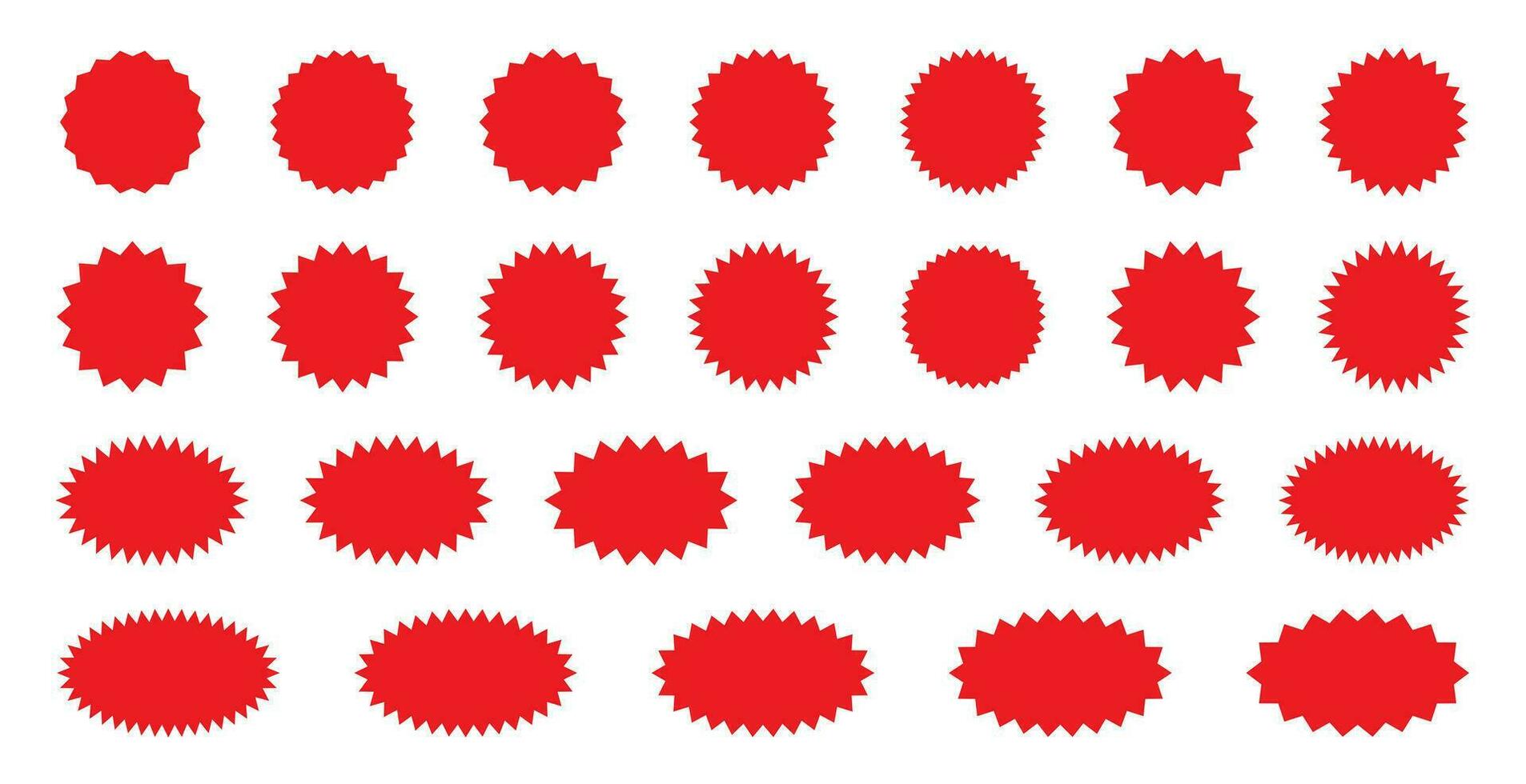 Starburst red sticker set - collection of special offer sale round and oval sunburst labels and buttons isolated on white background. Stickers and badges with star edges for promo advertising. vector