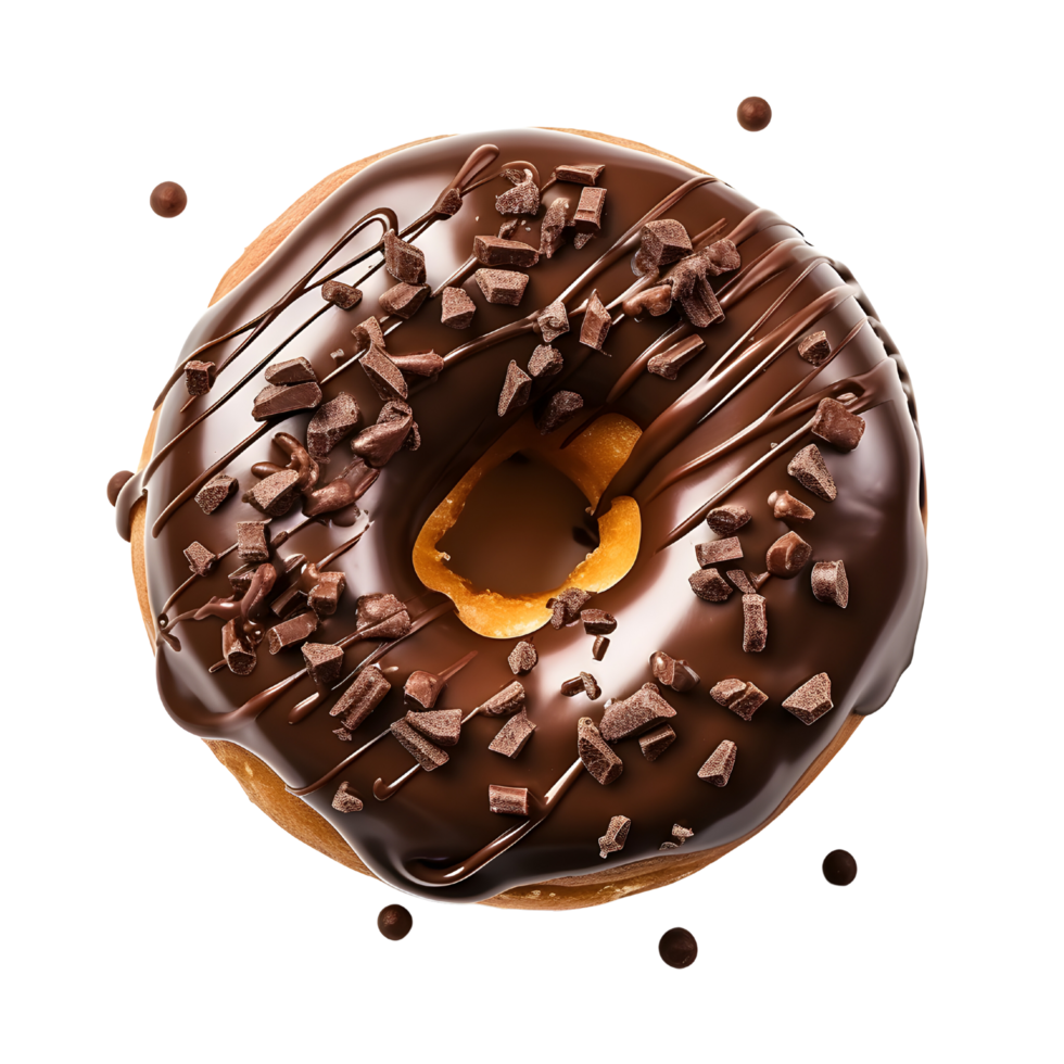 Donut dessert with chocolate glossy glaze top view, png