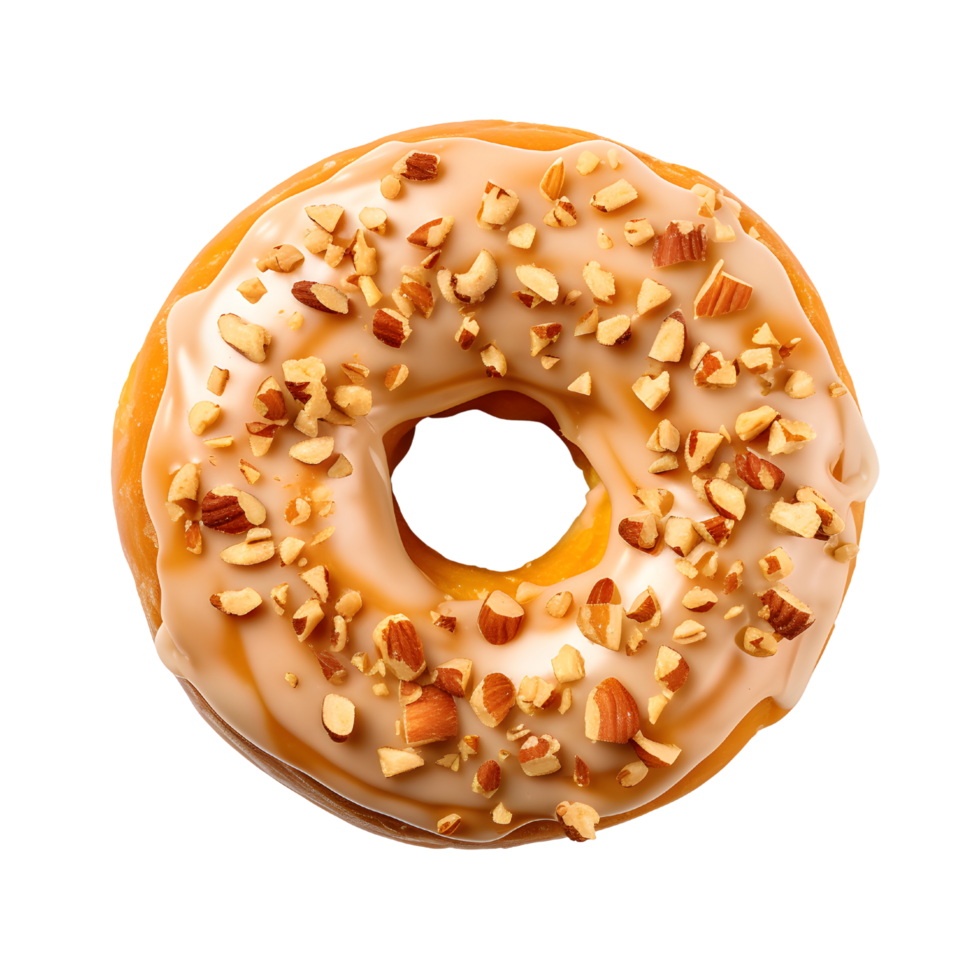 donut with peanut butter icing and almond topping top view, ai generated png