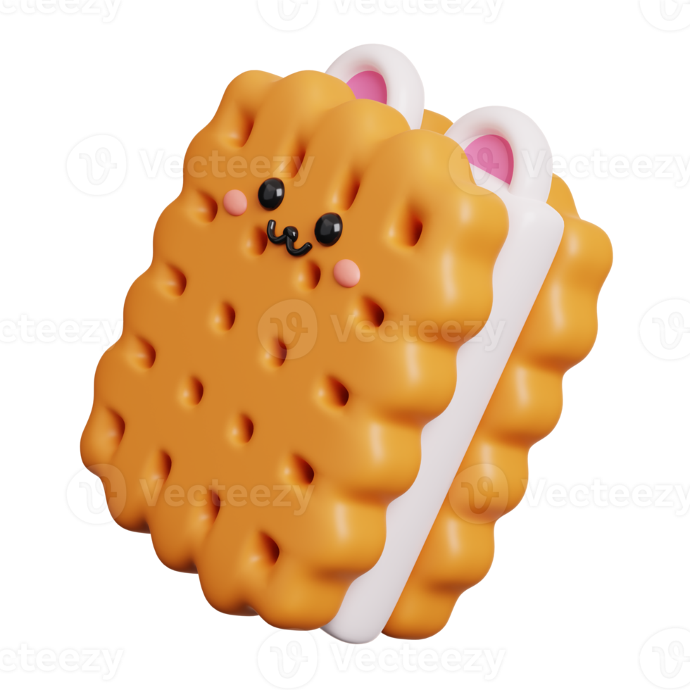 Sandwich cookies with vanilla cream. Cute dessert sweet character isolated. 3D Rendering png
