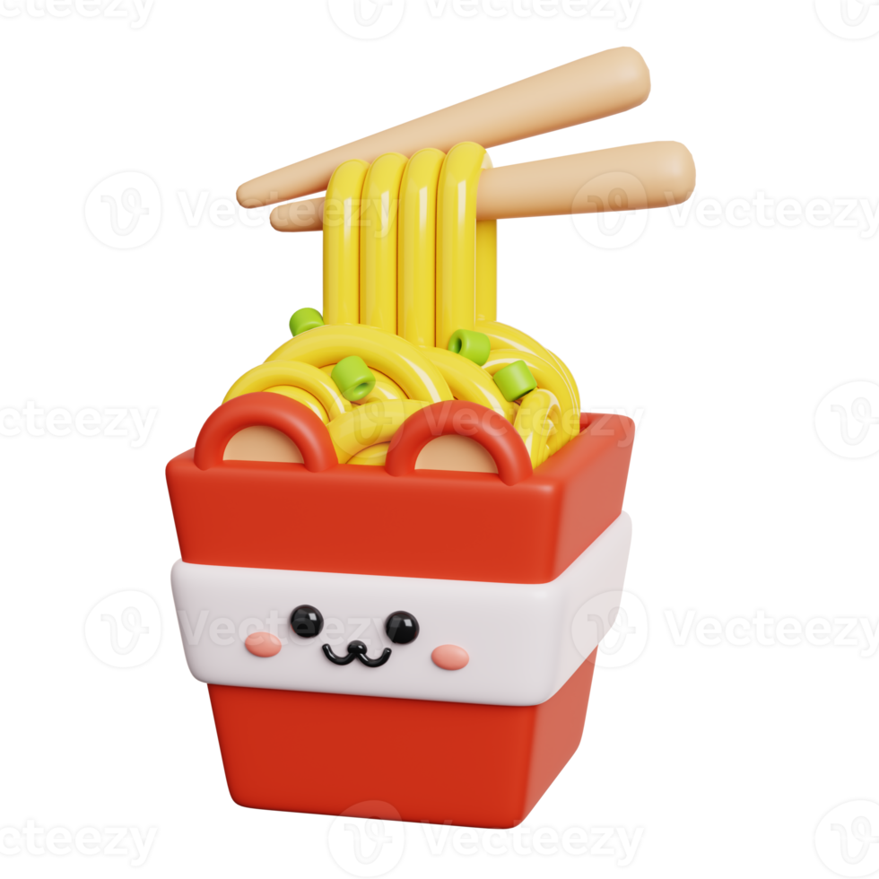 para llevar caja de cartón wok caja fideos. linda rápido comida personaje aislado. 3d representación png