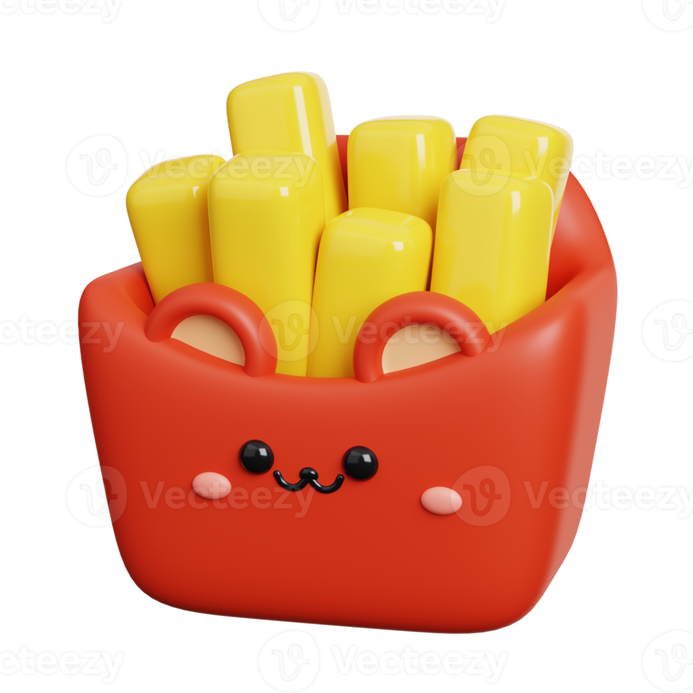 French fried potato in a red pack box. Cute fast food character isolated. 3D Rendering png