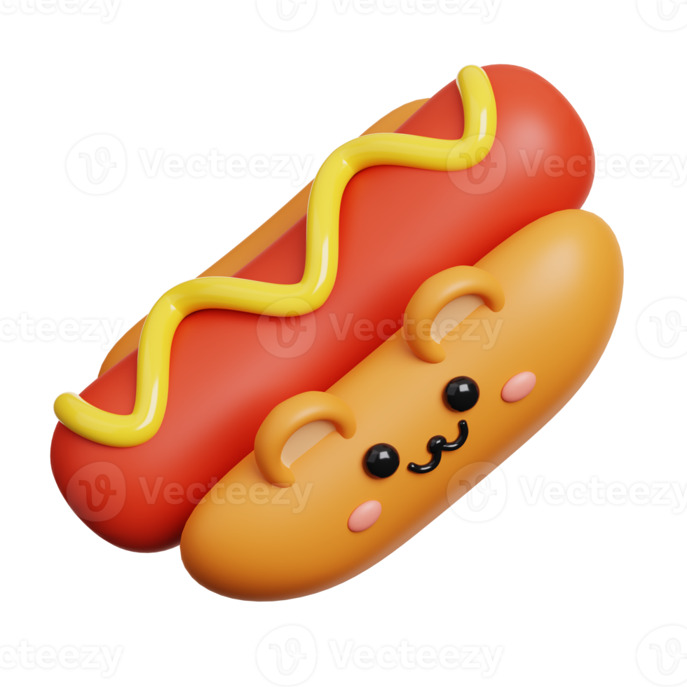 Hotdog. Cute fast food character isolated. 3D Rendering png
