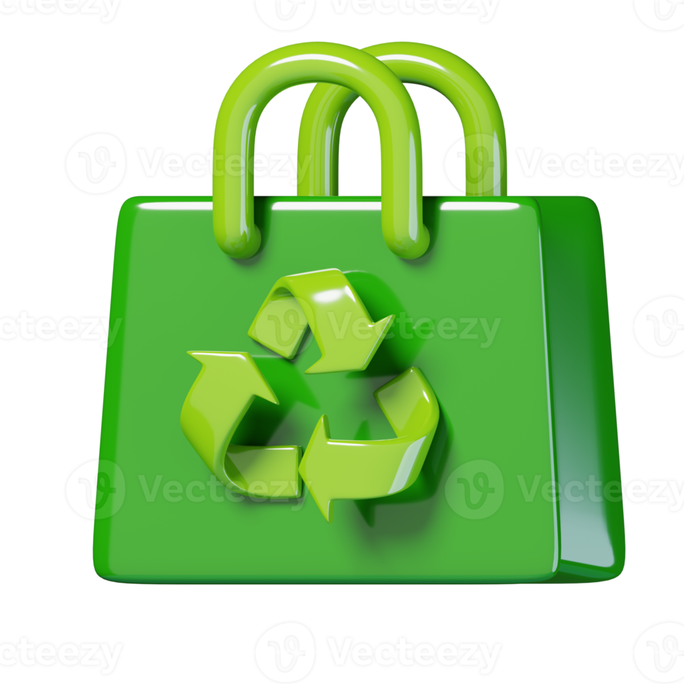 Green fabric bag with recycle symbol isolated. ecology and environment icon concept. 3D render illustration. png