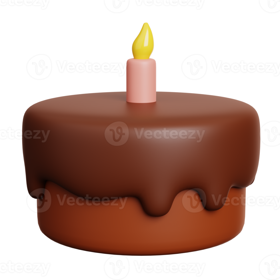 Birthday chocolate cake with candle. Fast food meal and dessert icon isolated. 3D Rendering png