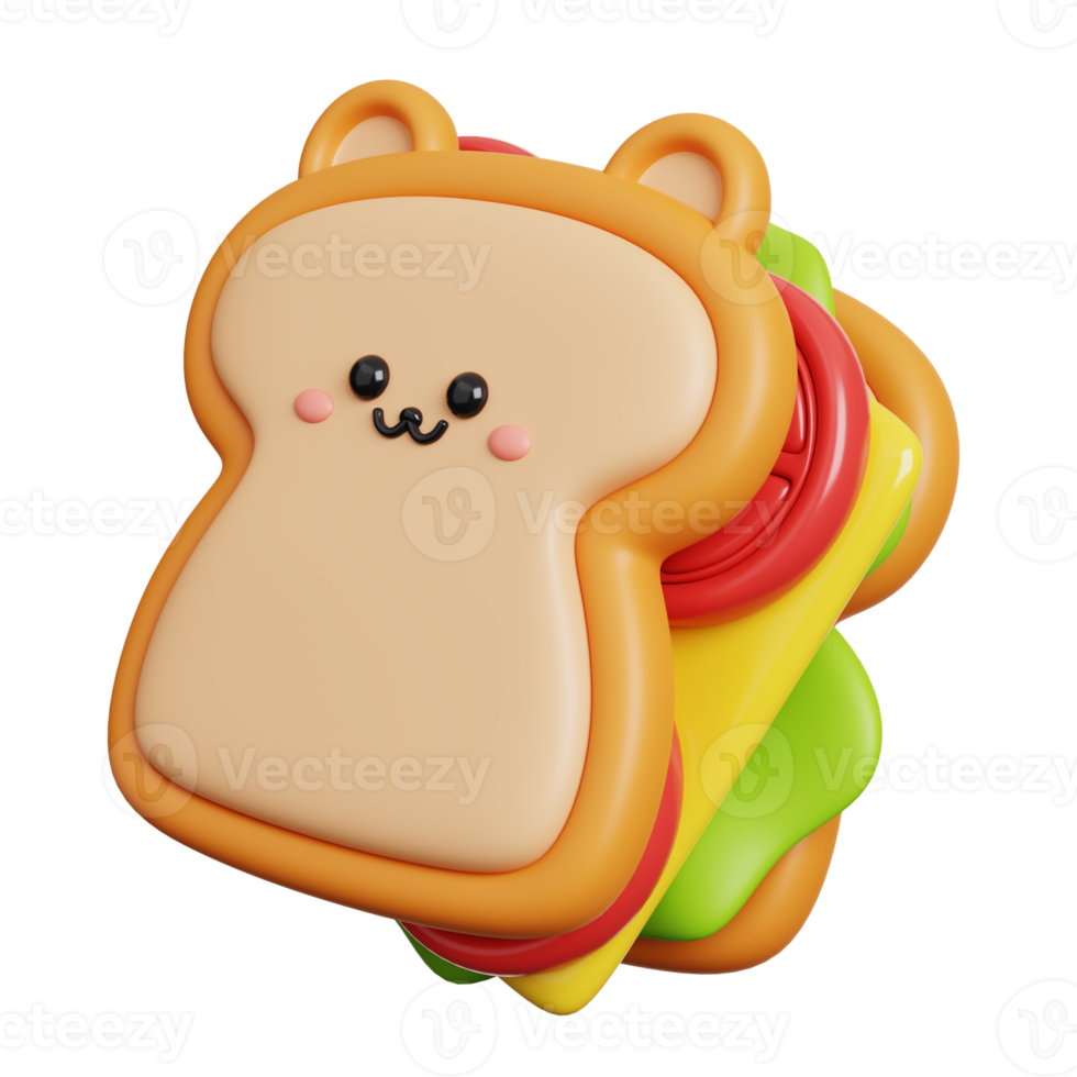 Sandwich. Cute fast food character isolated. 3D Rendering png