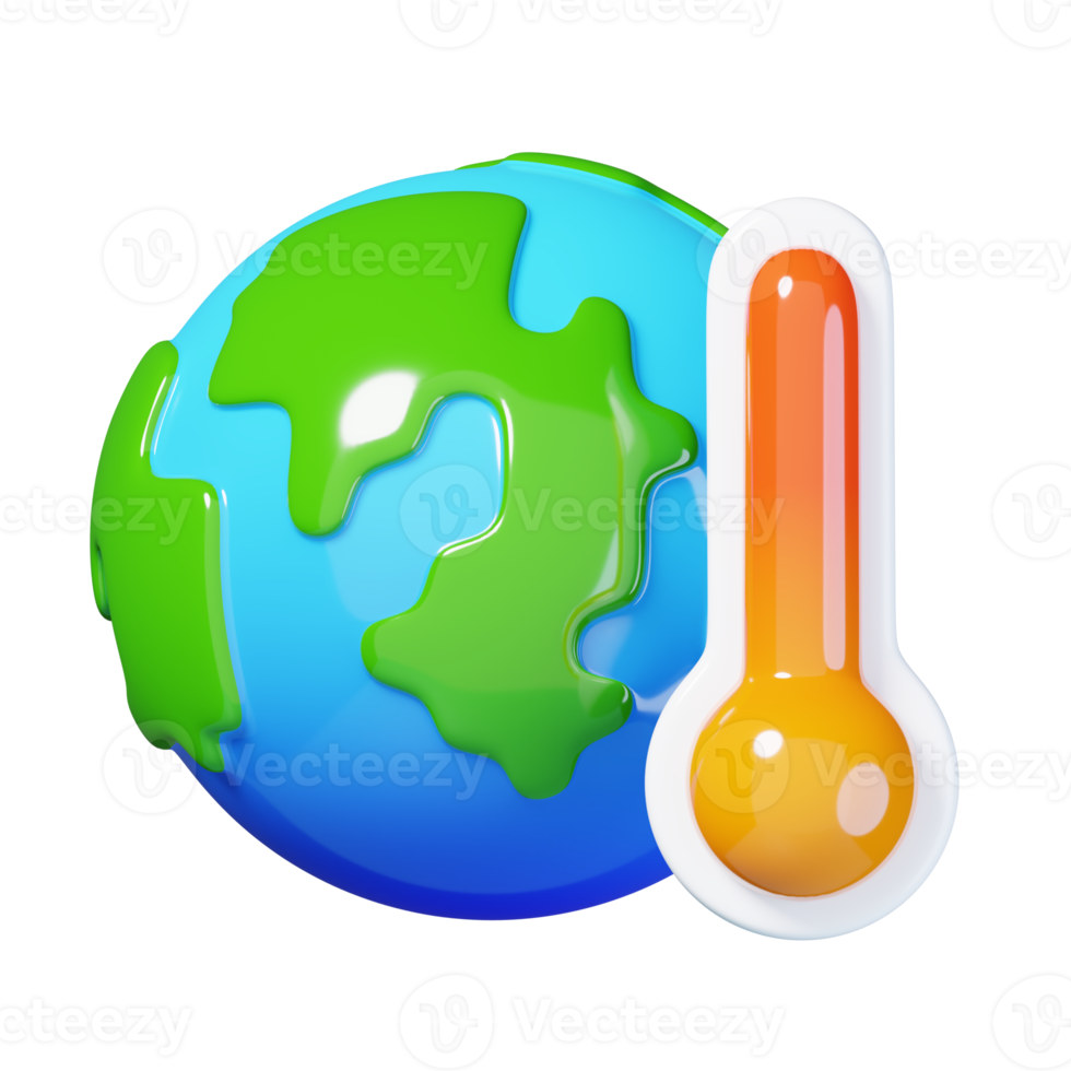 Rising global temperatures. Earth with a thermometer isolated. Ecology and environment icon concept. 3D render illustration. png