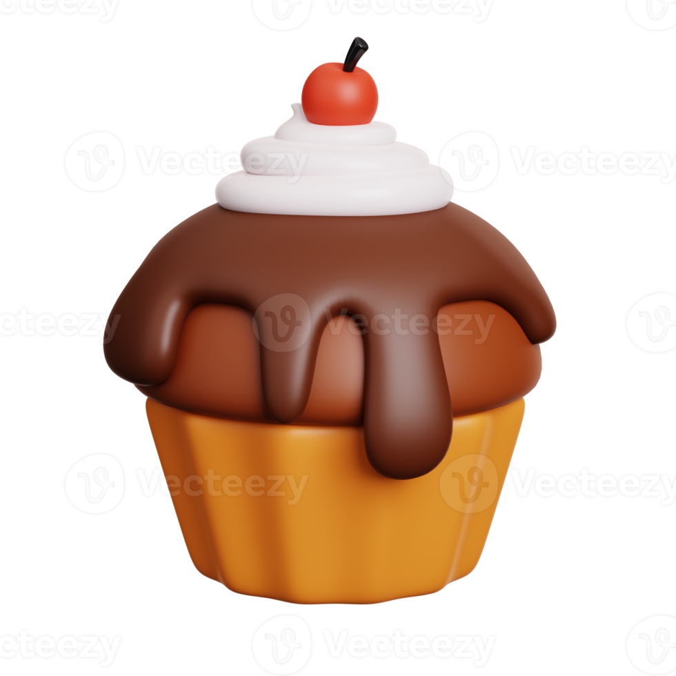 Chocolate cupcake with cherry. Fast food meal and dessert icon isolated. 3D Rendering png