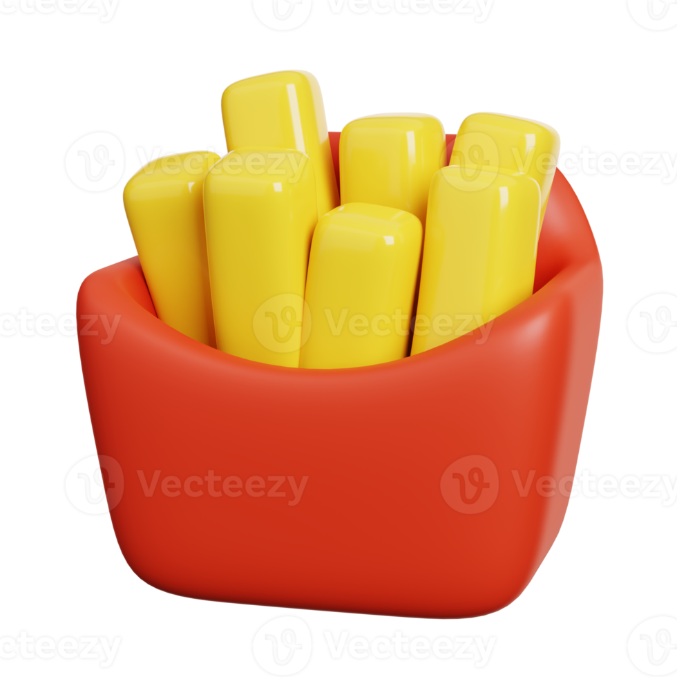 French fries with red box. Fast food meal icon isolated. 3D Rendering png