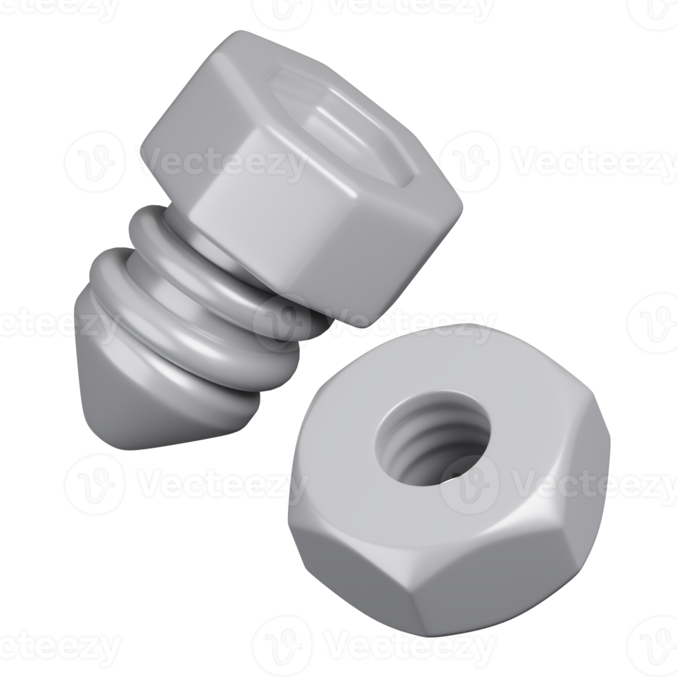 Stahl Nuss und einer Bolzen vereinbart worden. Konstruktion Werkzeuge minimal Symbol isoliert. 3d machen Illustration. png