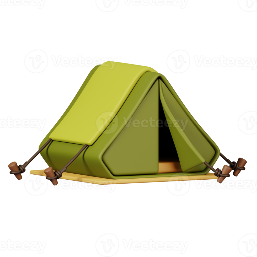 Green camping tent isolated. Camping and hiking equipment. Summer camp and holiday vacation. 3D rendering png