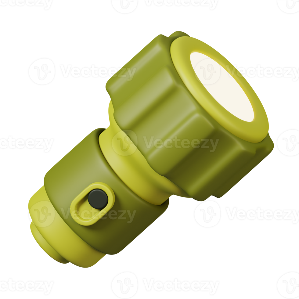 Flashlight green portable torch isolated. Camping and hiking equipment. Summer camp and holiday vacation. 3D rendering png