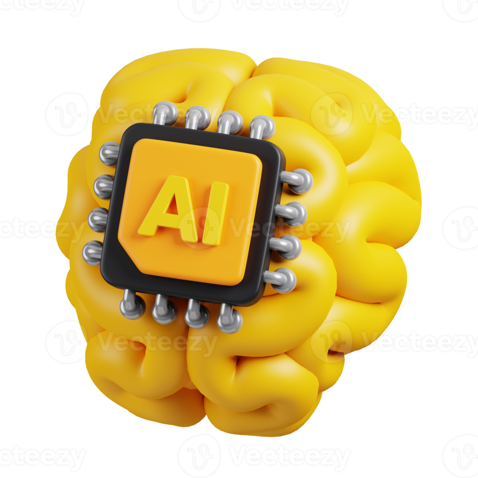 AI chip with brain icon isolated. AI support in business and artificial intelligence technology concept. 3D Render illustration. png