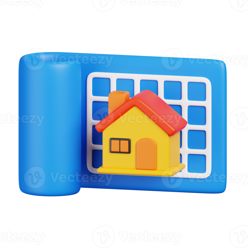 Architectural model of houses on blueprint. Construction tools minimal icon isolated. 3D render illustration. png