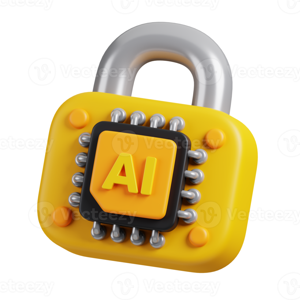 AI chip with padlock icon isolated. AI support in business and artificial intelligence technology concept. 3D Render illustration. png