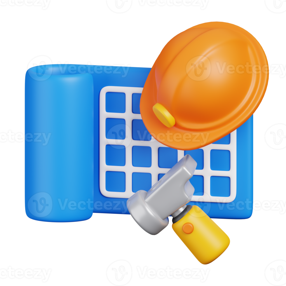 Hard hat with blueprints and hammer. Construction tools minimal icon isolated. 3D render illustration. png