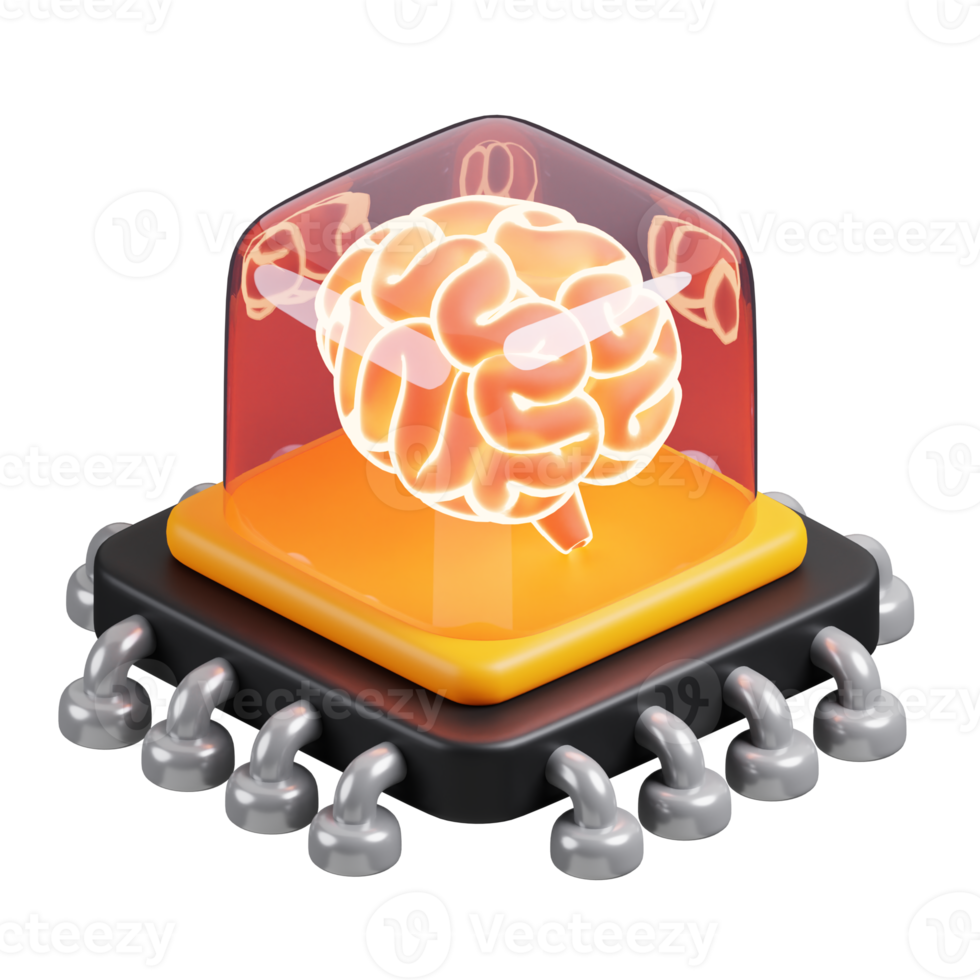 AI microchip with brain icon isolated. AI support in business and artificial intelligence technology concept. 3D Render illustration. png