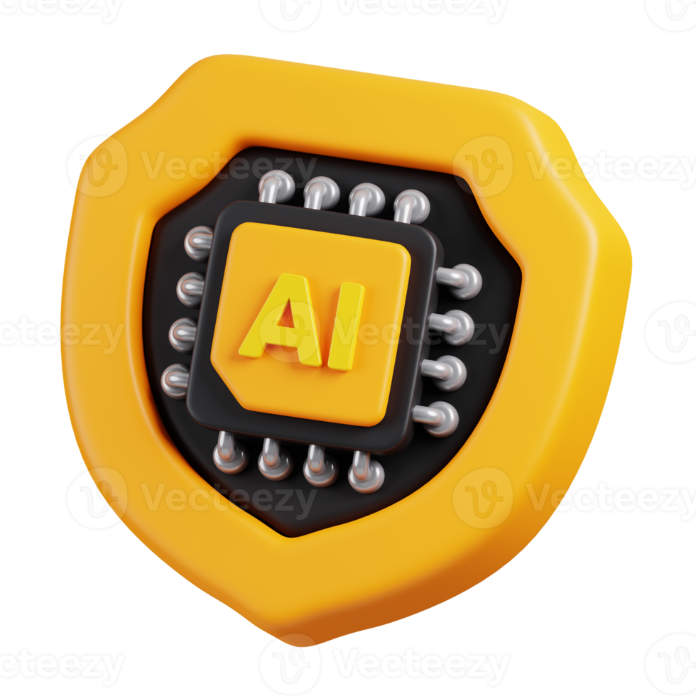 AI chip with shield protection icon isolated. AI support in business and artificial intelligence technology concept. 3D Render illustration. png