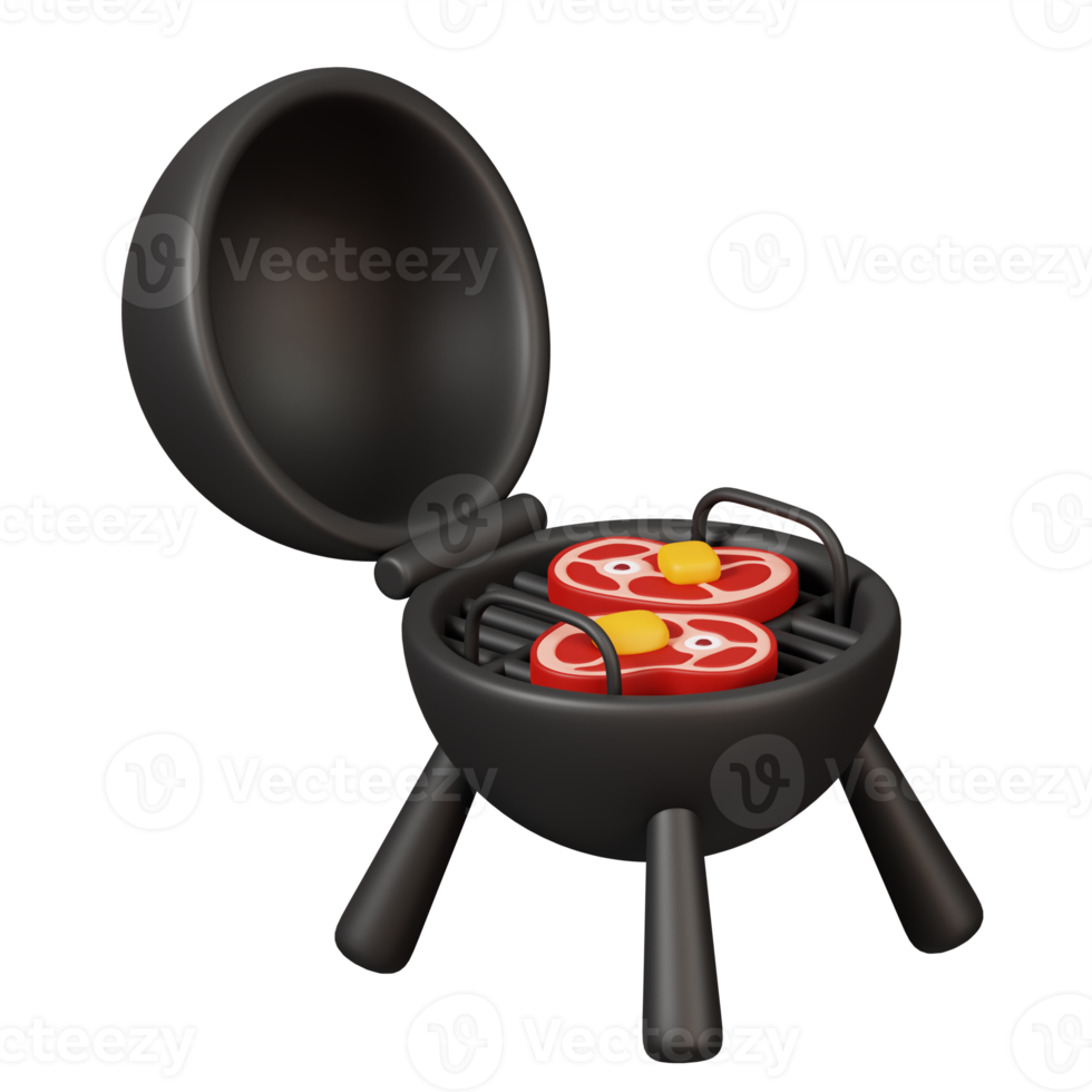 BBG grill with meat isolated. Camping and hiking equipment. Summer camp and holiday vacation. 3D rendering png