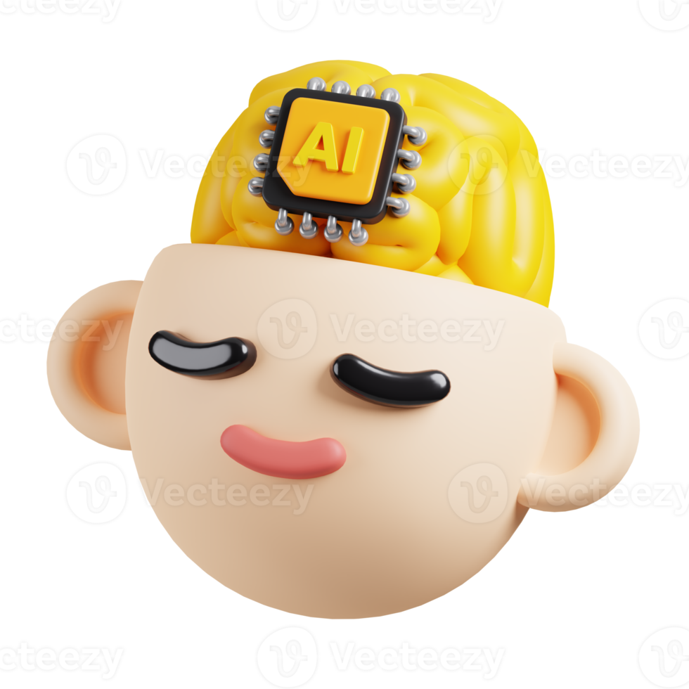 Human brain with AI microchip icon isolated. AI support in business and artificial intelligence technology concept. 3D Render illustration. png