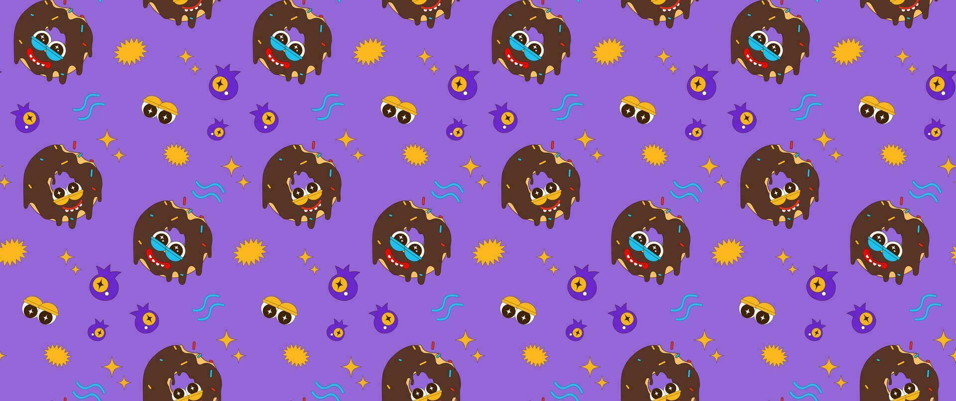 Seamless pattern of funny donut characters. Vector illustration of donut mascot and funny expressions. Children's funny background.