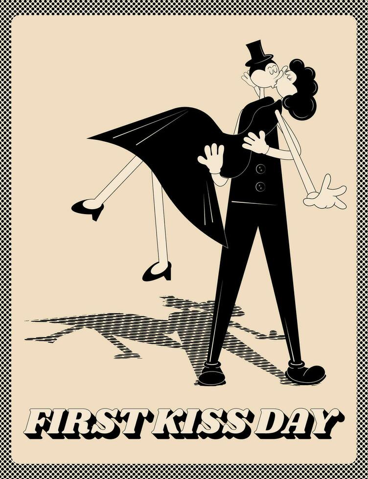 Loving couple character in Groovy style. A man holds a woman in his arms. Vector retro illustration. Rubber hose style.