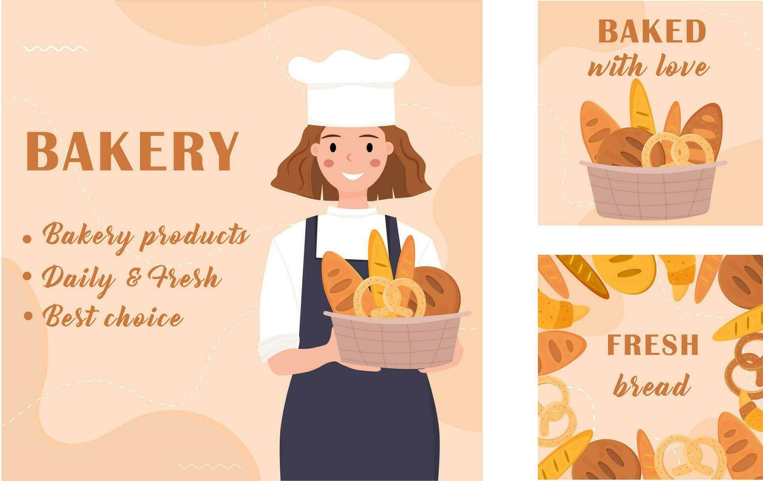 Set of flyers for bakery and bread shop. Advertising cards for poster, banner, cover, flyer, menu, advertising. Vector illustration.