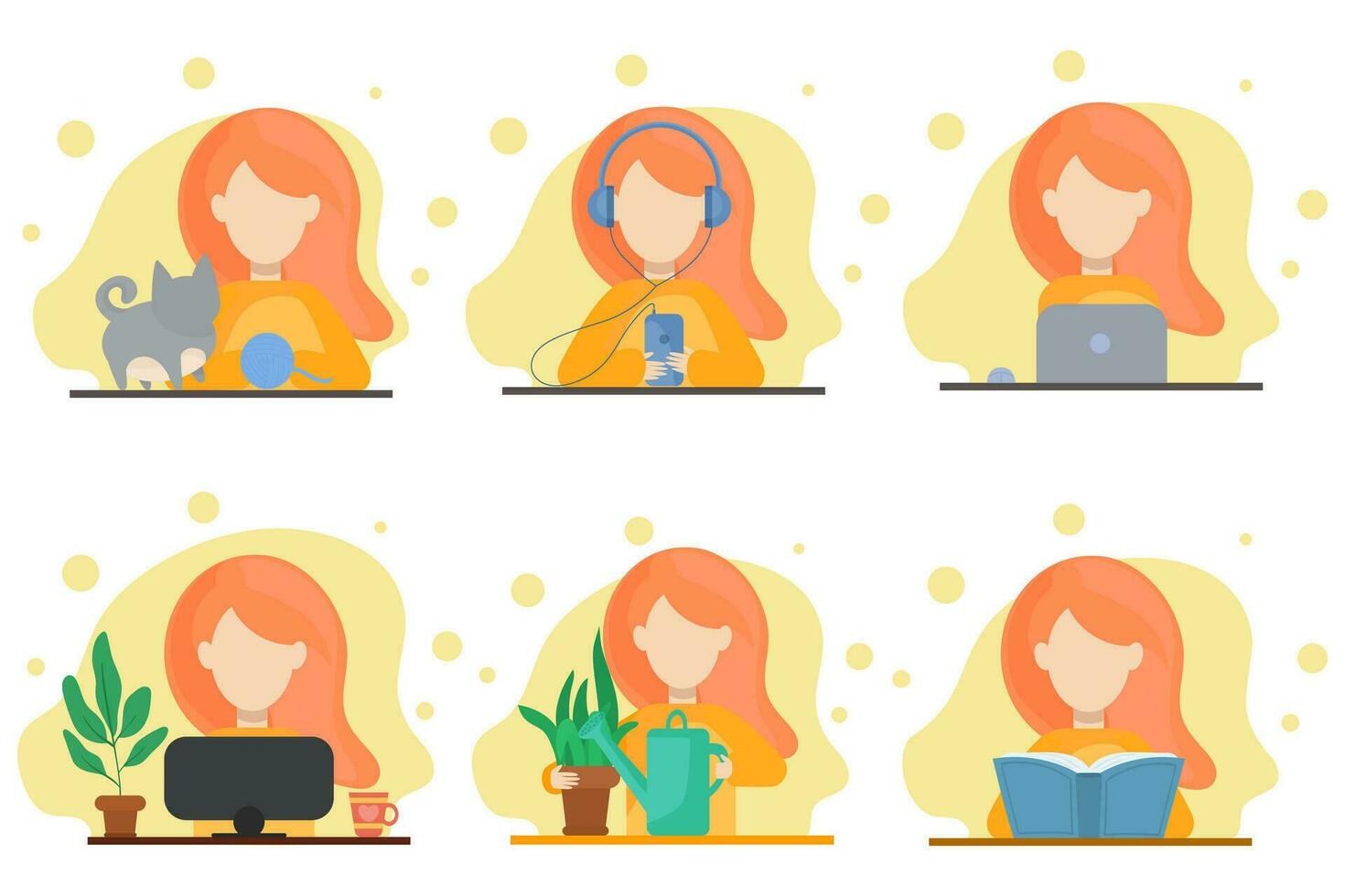 Icons of students, girls playing with a cat, listen to music through headphones, water flowers, reading book. A set of women's girlish icons working at a table in the style of a flat. vector
