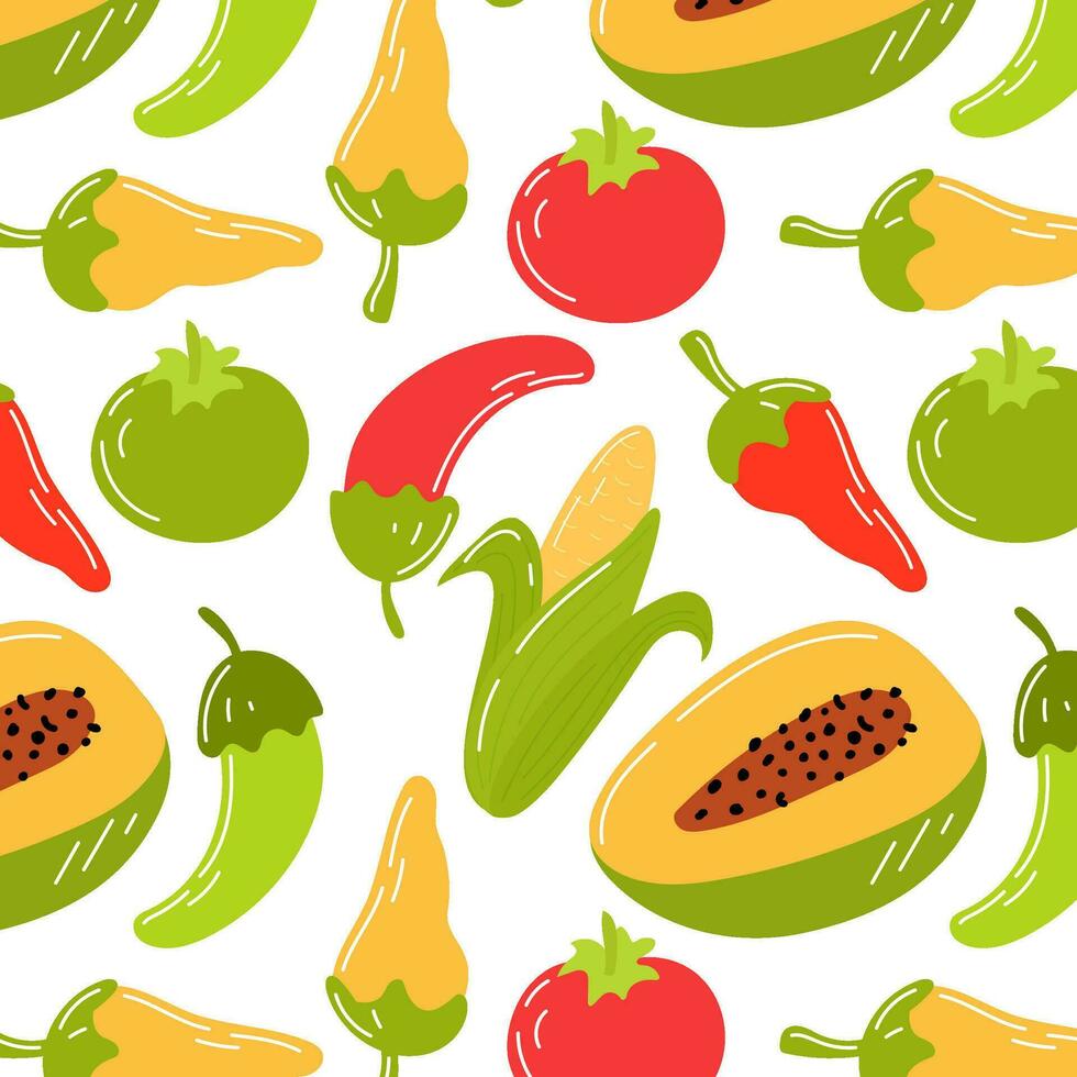 A collection of Mexican vegetables and fruits, papaya, hot peppers, tomatoes and corn. A set of cartoon style vegetables isolated on a white background. vector