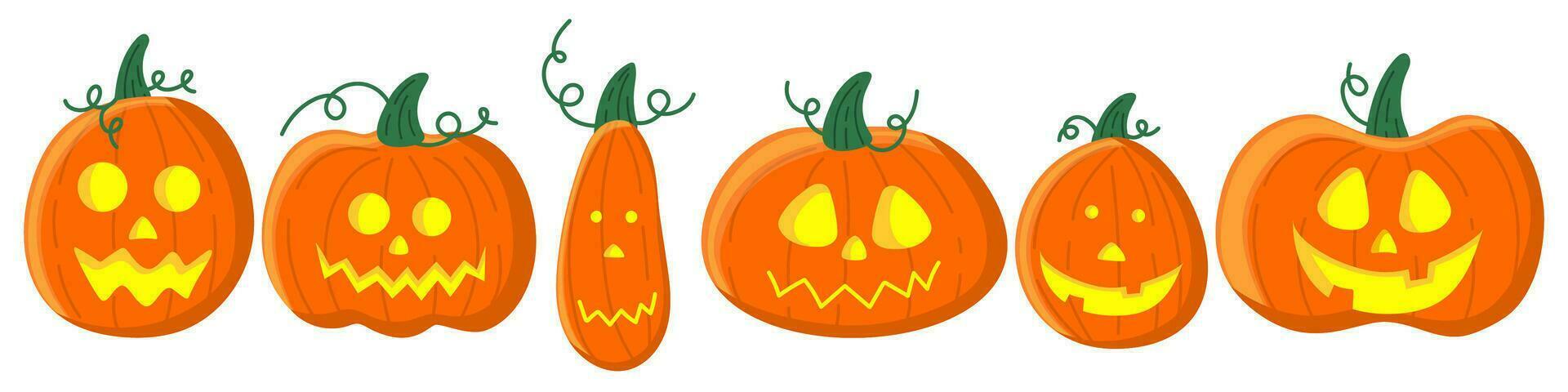 terrible fiesta calabazas para Víspera de Todos los Santos temática decoraciones un conjunto de alegre naranja Víspera de Todos los Santos calabazas aislado en blanco. vector