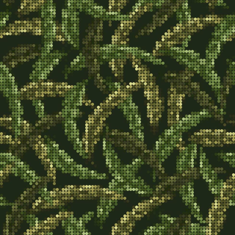 camuflaje verde modelo con hojas. píxel efecto. denso composición con superposición elementos. Ejército o caza enmascaramiento ornamento para ropa, tela, textil, deporte bienes diseño. vector