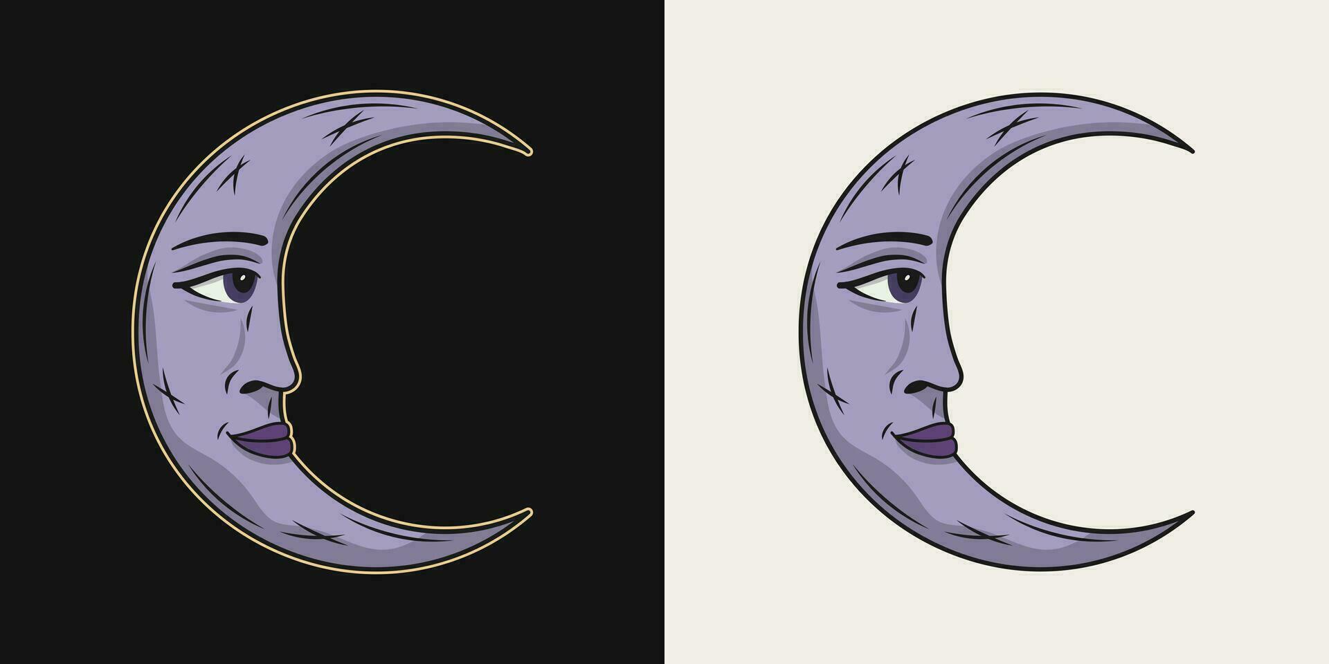 creciente Luna con cara en perfil. vector ilustración en Clásico estilo en negro, blanco antecedentes. mitológico cuento de hadas personaje