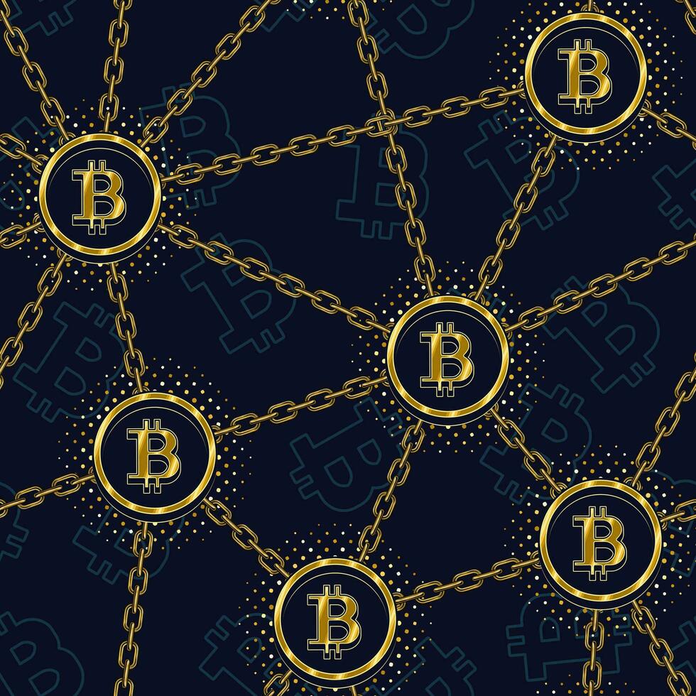Pattern with gold bitcoin symbols, gold chains. vector