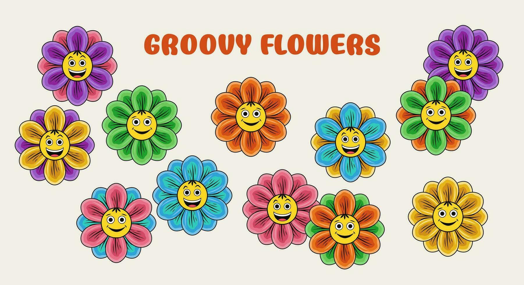 conjunto de vistoso manzanilla, margarita flores con emojis, sonriente caras. ver desde arriba. bueno para maravilloso, hippie, ingenuo estilo, niños diseño. vector