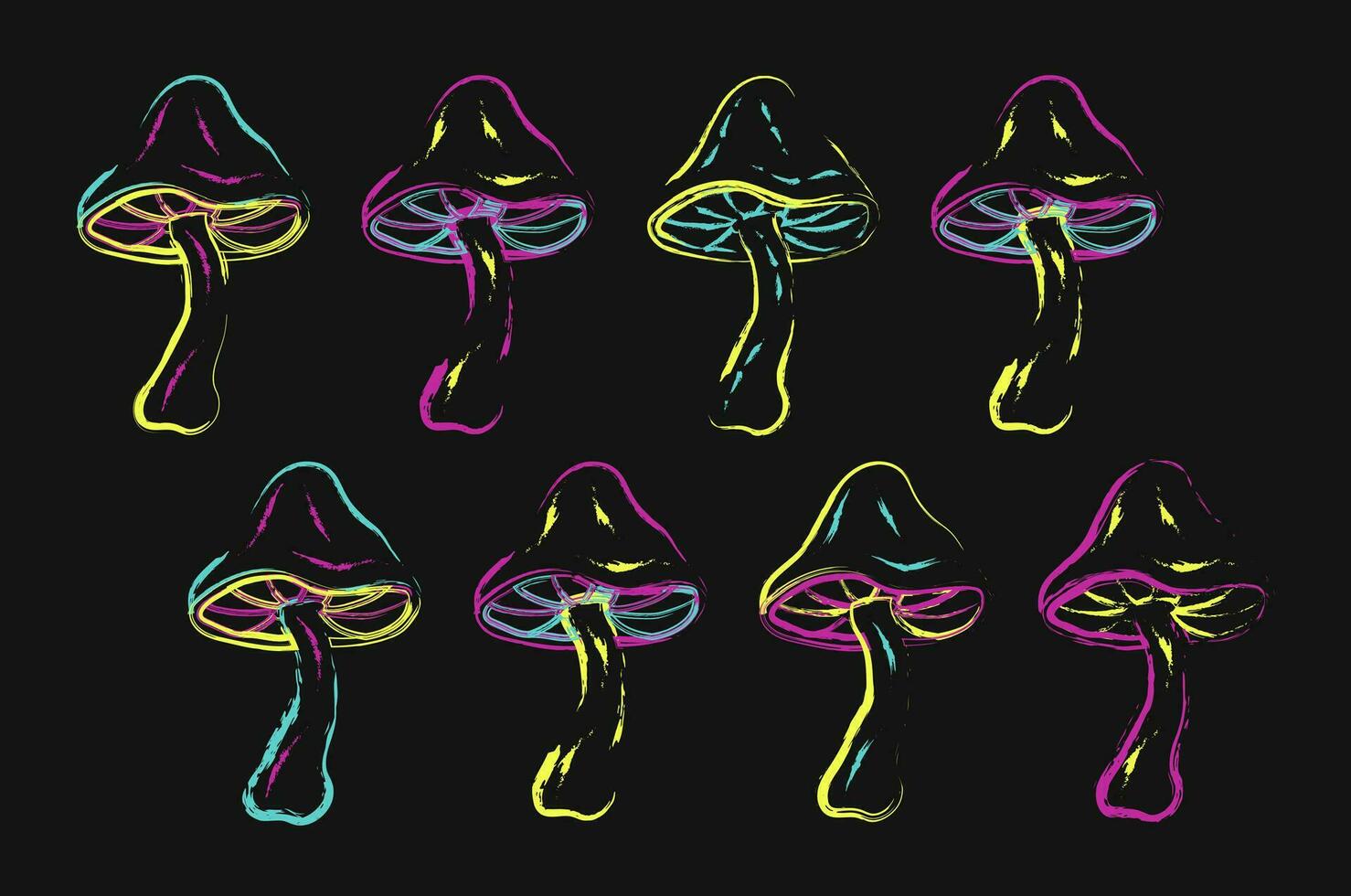 Set of fantasy magic mushrooms in grunge style vector